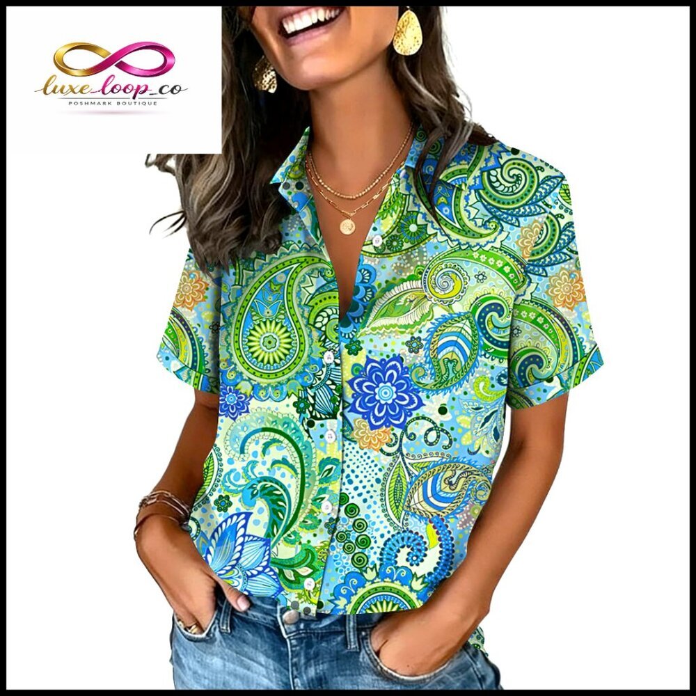 Short Sleeve Button Down Blouse V-Neck Regular Fit Polyester Blend